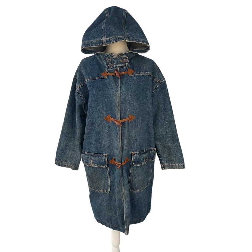 Vintage Inner View Women's Denim Duffle Coat With Hood Toggle Closures & Plaid